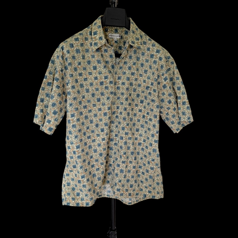 90's Pierre Cardin Blue Tan Tropical Print Cotton Short Sleeve Button Down L